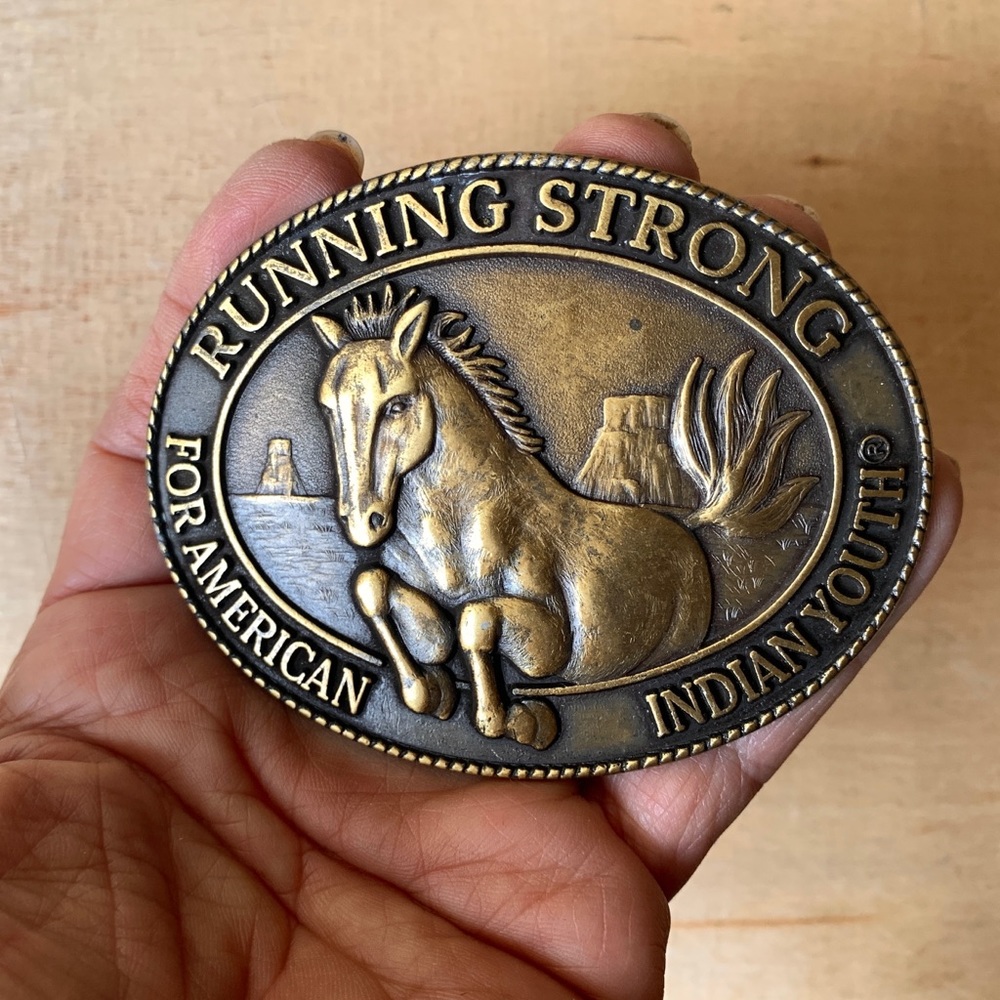Native American Indian Brass Belt Buckle Running Strong Horse Vintage 1996